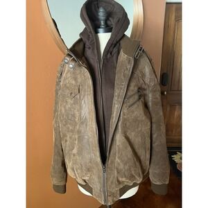 FLAVOR Mens Brown Faux Leather Hooded Bomber Jacket Full Zip Size XL
